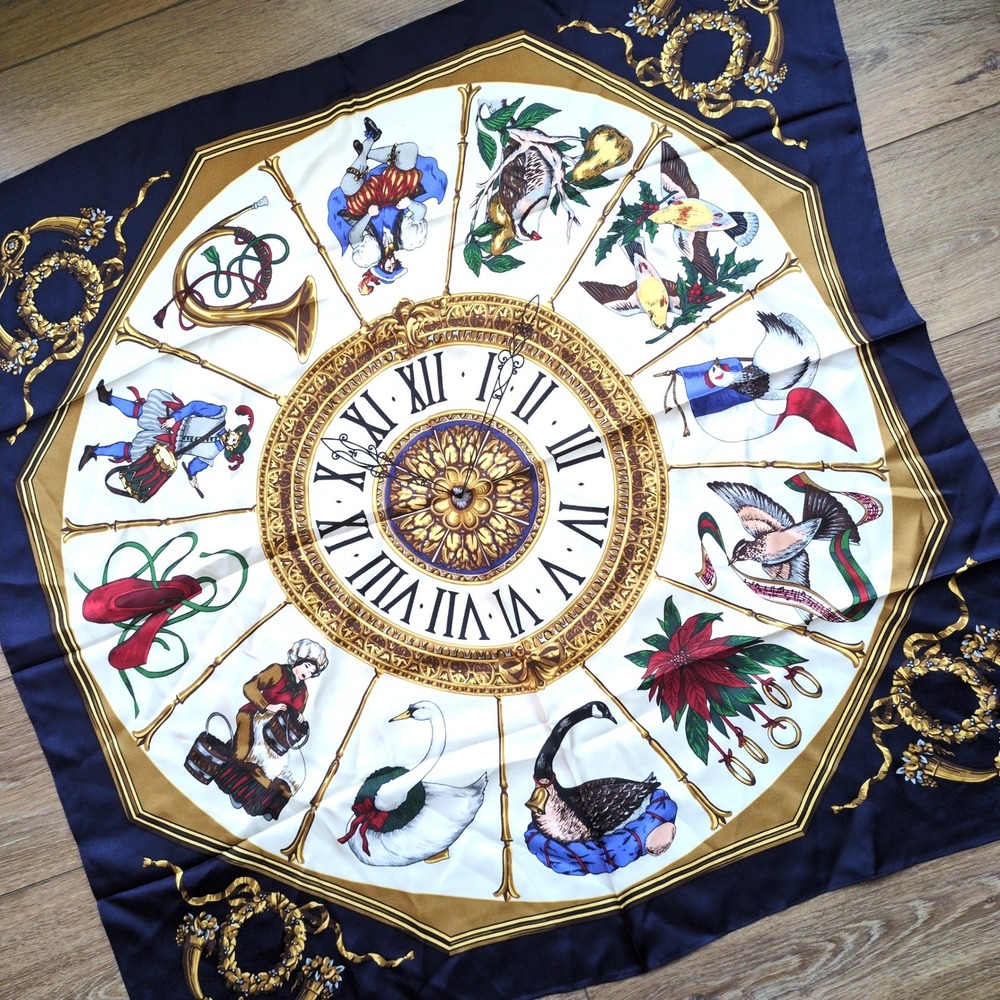 Echo for Talbots Silk Holiday Scarf 12 Days of Christmas Silk Clock Navy Blue